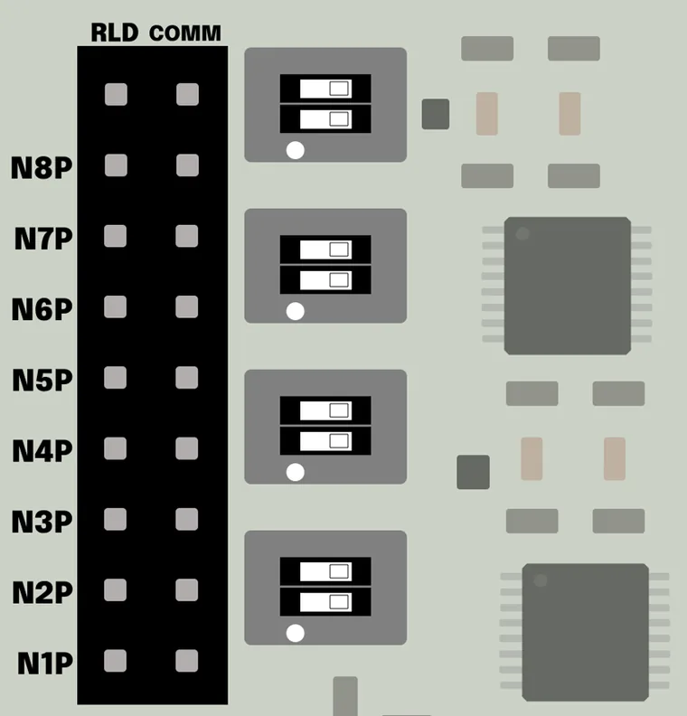 Knight Board pinout diagram showing the left negative rail, numbered channels, and right positive rail